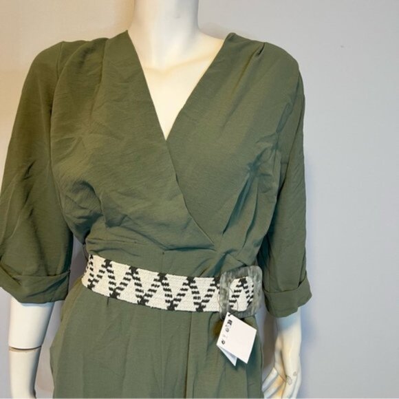 New With Tag Zara Belted Straight Leg Jumpsuit Khaki Size S - Picture 5 of 13